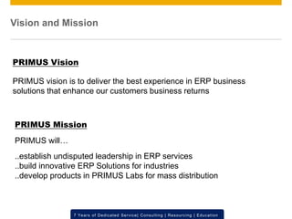 © 2012 SAP AG. All rights reserved. ‹#›7 Years of Dedicated Service| Consulting | Resourcing | Education
Vision and Mission
PRIMUS Vision
PRIMUS vision is to deliver the best experience in ERP business
solutions that enhance our customers business returns
PRIMUS Mission
PRIMUS will…
..establish undisputed leadership in ERP services
..build innovative ERP Solutions for industries
..develop products in PRIMUS Labs for mass distribution
 