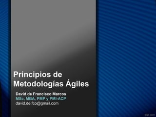 Principios de
Metodologías Ágiles
David de Francisco Marcos
MSc, MBA, PMP y PMI-ACP
david.de.fco@gmail.com
 
