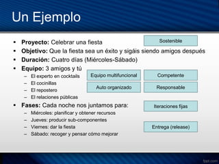 Un Ejemplo
   Proyecto: Celebrar una fiesta                       Sostenible

   Objetivo: Que la fiesta sea un éxito y sigáis siendo amigos después
   Duración: Cuatro días (Miércoles-Sábado)
   Equipo: 3 amigos y tú
    –   El experto en cocktails    Equipo multifuncional     Competente
    –   El cocinillas
                                     Auto organizado         Responsable
    –   El repostero
    –   El relaciones públicas
 Fases: Cada noche nos juntamos para:                     Iteraciones fijas
    –   Miércoles: planificar y obtener recursos
    –   Jueves: producir sub-componentes
    –   Viernes: dar la fiesta                             Entrega (release)
    –   Sábado: recoger y pensar cómo mejorar
 