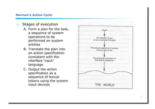 11
Norman’s Action Cycle
2. Stages of execution
A. Form a plan for the task,
a sequence of system
operations to be
performed on system
entities
B. Translate the plan into
an action specification
consistent with the
interface ‘input’
language
C. Output the action
specification as a
sequence of lexical
tokens using the system
input devices
 