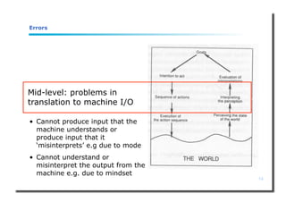 14
Errors
Mid-level: problems in
translation to machine I/O
• Cannot produce input that the
machine understands or
produce input that it
‘misinterprets’ e.g due to mode
• Cannot understand or
misinterpret the output from the
machine e.g. due to mindset
 