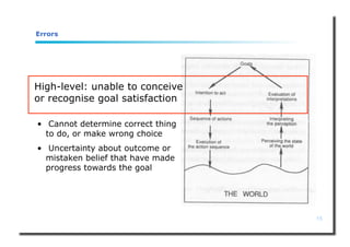 15
Errors
High-level: unable to conceive
or recognise goal satisfaction
• Cannot determine correct thing
to do, or make wrong choice
• Uncertainty about outcome or
mistaken belief that have made
progress towards the goal
 