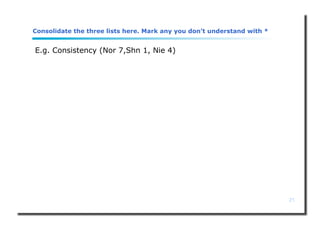 21
Consolidate the three lists here. Mark any you don’t understand with *
E.g. Consistency (Nor 7,Shn 1, Nie 4)
 
