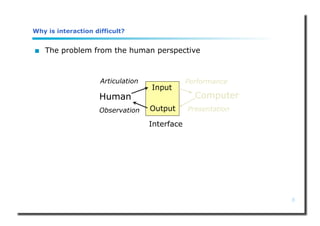 8
Why is interaction difficult?
 The problem from the human perspective
Human Computer
Interface
Input
Output
Articulation
Observation Presentation
Performance
 