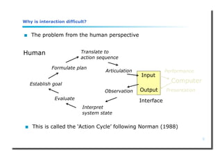 9
Why is interaction difficult?
 The problem from the human perspective
Human
Computer
Interface
Input
Output
Articulation
Observation Presentation
Performance
Establish goal
Formulate plan
Translate to
action sequence
Interpret
system state
Evaluate
 This is called the ‘Action Cycle’ following Norman (1988)
 