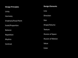 Design Principles
Unity
Harmony
Emphasis/Focal Point
Scale/Proportion
Balance
Repetition
Rhythm
Contrast
Design Elements
Line
Direction
Size
Shape/Volume
Texture
Illusion of Space
Illusion of Motion
Value
Color
 