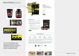 Brand/Visual Language
Brand Auditing: 086/2021
The current aesthetics and
visual communication of the
packaging heavily corresponds
towards muscle gain whey
protein packaging design
 