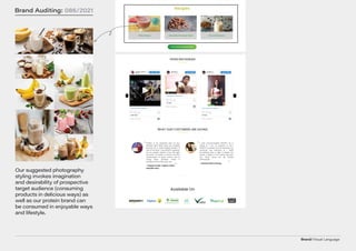Brand/Visual Language
Brand Auditing: 086/2021
Our suggested photography
styling invokes imagination
and desirability of prospective
target audience (consuming
products in delicious ways) as
well as our protein brand can
be consumed in enjoyable ways
and lifestyle.
 