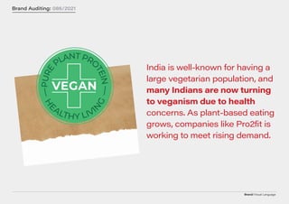 Brand/Visual Language
Brand Auditing: 086/2021
India is well-known for having a
large vegetarian population, and
many Indians are now turning
to veganism due to health
concerns. As plant-based eating
grows, companies like Pro2fit is
working to meet rising demand.
 