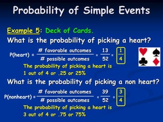 Example 5: Deck of Cards.
What is the probability of picking a heart?
# favorable outcomes 13 1
# possible outcomes 52 4
The probability of picking a heart is
1 out of 4 or .25 or 25%
What is the probability of picking a non heart?
# favorable outcomes 39 3
# possible outcomes 52 4
The probability of picking a heart is
3 out of 4 or .75 or 75%
Probability of Simple Events
P(heart) = = =
P(nonheart) = = =
 