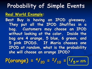 Real World Example:
Best Buy is having an IPOD giveaway.
They put all the IPOD Shuffles in a
bag. Customers may choose an IPOD
without looking at the color. Inside the
bag are 4 orange, 5 blue, 6 green, and
5 pink IPODS. If Maria chooses one
IPOD at random, what is the probability
she will choose an orange IPOD?
P(orange) = 4/20 = 2/10 = 1/5 or 20%
Probability of Simple Events
 