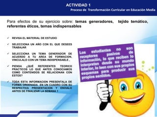 Proceso de Transformación Curricular en Educación Media
ACTIVIDAD 1
Para efectos de su ejercicio sobre: temas generadores, tejido temático,
referentes éticos, temas indispensables
 REVISA EL MATERIAL DE ESTUDIO
 SELECCIONA UN AÑO CON EL QUE DESEES
TRABAJAR
 SELECCIONA UN TEMA GENERADOR DE
ACUERDO A TU AREA DE FORMACION,
VINCULALO CON UN TEMA INDISPENSABLE ,
 PIENSA ¿QUÉ REFERENTES TEORICO
PRACTICOS LO QUE ANTES CONOCIAMOS
COMO CONTENIDOS SE RELACIONAN CON
ESTOS?
 TODA ESTA INFORMACION PRESENTALA DE
FORMA ORDENADA EN UN CUADRO CON SU
RESPECTIVA PRESENTACION Y ENVIALO
ANTES DE FINALIZAR LA SEMANA 1
 
