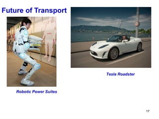 Future of Transport




                           Tesla Roadster



    Robotic Power Suites



                                            17
 