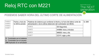 Schneider Electric 72
Reloj RTC con M221
PODEMOS SABER HORA DEL ÚLTIMO CORTE DE ALIMENTACIÓN
 
