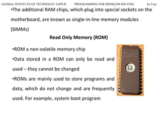 GLOBAL INSTITUTE OF TECHNOLGY JAIPUR PROGRAMMING FOR PROBLEM SOLVING Ist Year
•The additional RAM chips, which plug into special sockets on the
motherboard, are known as single-in-line memory modules
(SIMMs)
Read Only Memory (ROM)
•ROM a non-volatile memory chip
•Data stored in a ROM can only be read and
used – they cannot be changed
•ROMs are mainly used to store programs and
data, which do not change and are frequently
used. For example, system boot program
 