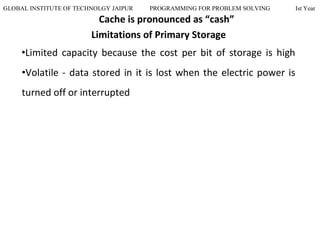 GLOBAL INSTITUTE OF TECHNOLGY JAIPUR PROGRAMMING FOR PROBLEM SOLVING Ist Year
Cache is pronounced as “cash”
Limitations of Primary Storage
•Limited capacity because the cost per bit of storage is high
•Volatile - data stored in it is lost when the electric power is
turned off or interrupted
 