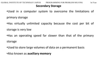 GLOBAL INSTITUTE OF TECHNOLGY JAIPUR PROGRAMMING FOR PROBLEM SOLVING Ist Year
Secondary Storage
•Used in a computer system to overcome the limitations of
primary storage
•Has virtually unlimited capacity because the cost per bit of
storage is very low
•Has an operating speed far slower than that of the primary
storage
•Used to store large volumes of data on a permanent basis
•Also known as auxiliary memory
 