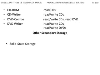 GLOBAL INSTITUTE OF TECHNOLGY JAIPUR PROGRAMMING FOR PROBLEM SOLVING Ist Year
• CD-ROM read CDs
• CD-Writer read/write CDs
• DVD-Combo read/write CDs, read DVD
• DVD Writer read/write CDs
read/write DVDs
Other Secondary Storage
• Solid-State Storage
 