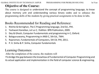 GLOBAL INSTITUTE OF TECHNOLGY JAIPUR PROGRAMMING FOR PROBLEM SOLVING Ist Year
Objective of the Course:
The course is designed to understand the concept of programming language, to know
about memory unit and understanding various binary codes and to enhance the
programming skills of the students by giving practical assignments to be done in labs.
Books Recommended for Reading and Reference:
1. Ritchie & Kernighan, The C Programming language, 2nd Ed., PHI.
2. Yashwant Kanetkar, Let us C, 7edition. BPB Publication, 2009.
3. Dey & Ghosh, Computer Fundamentals and programming in C, Oxford.
4. Balaguruswamy, Programming in ANSI C, 5th Ed., TMH.
5. Rajaraman, Fundamentals of Computers, 5th Ed. PHI, 2011.
6. P. K. Sinha & P. Sinha, Computer fundamentals
Learning Outcomes:
After the completion of the course, the students will
•To bridge the gap between the knowhow of Fundamental of Computer Programming and
its actual application and implementation in the field of computer science & engineering.
 