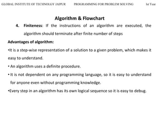 GLOBAL INSTITUTE OF TECHNOLGY JAIPUR PROGRAMMING FOR PROBLEM SOLVING Ist Year
Algorithm & Flowchart
4. Finiteness: If the instructions of an algorithm are executed, the
algorithm should terminate after finite number of steps
Advantages of algorithm:
•It is a step-wise representation of a solution to a given problem, which makes it
easy to understand.
• An algorithm uses a definite procedure.
• It is not dependent on any programming language, so it is easy to understand
for anyone even without programming knowledge.
•Every step in an algorithm has its own logical sequence so it is easy to debug.
 