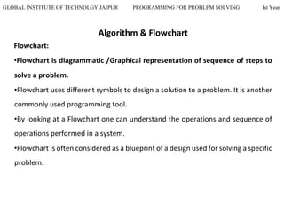 GLOBAL INSTITUTE OF TECHNOLGY JAIPUR PROGRAMMING FOR PROBLEM SOLVING Ist Year
Algorithm & Flowchart
Flowchart:
•Flowchart is diagrammatic /Graphical representation of sequence of steps to
solve a problem.
•Flowchart uses different symbols to design a solution to a problem. It is another
commonly used programming tool.
•By looking at a Flowchart one can understand the operations and sequence of
operations performed in a system.
•Flowchart is often considered as a blueprint of a design used for solving a specific
problem.
 