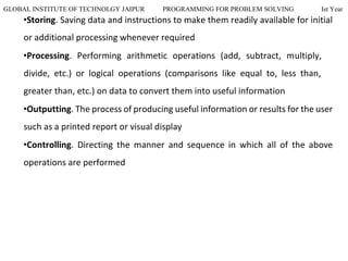 GLOBAL INSTITUTE OF TECHNOLGY JAIPUR PROGRAMMING FOR PROBLEM SOLVING Ist Year
•Storing. Saving data and instructions to make them readily available for initial
or additional processing whenever required
•Processing. Performing arithmetic operations (add, subtract, multiply,
divide, etc.) or logical operations (comparisons like equal to, less than,
greater than, etc.) on data to convert them into useful information
•Outputting. The process of producing useful information or results for the user
such as a printed report or visual display
•Controlling. Directing the manner and sequence in which all of the above
operations are performed
 