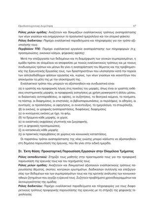 Ομαδοσυνεργατική Διερεύνηση                                                               67

Ρόλος μελών ομάδας: Αναζητούν και δοκιμάζουν εναλλακτικούς τρόπους αναπαράστασης
των νέων γνώσεων και ενημερώνουν το προσωπικό ημερολόγιο και τον ατομικό φάκελο.
Ρόλος διαδικτύου: Παρέχει εναλλακτικά παραδείγματα και πληροφορίες για τον τρόπο αξι-
οποίησής τους.
Περιβάλλον ΤΠΕ: Παρέχει εναλλακτικά εργαλεία αναπαράστασης των πληροφοριών (π.χ.
προσομοιώσεις, εικονικοί κόσμοι, ψηφιακές αφίσες)
 Μετά την επεξεργασία των δεδομένων και τη διαμόρφωση των γενικών συμπερασμάτων, η
ομάδα πρέπει σε ολομέλεια να αποφασίσει με ποιούς εναλλακτικούς τρόπους και με ποιους
συνδυασμούς τρόπων και μέσων θα γίνει η αναπαράσταση του θέματος και της προβληματι-
κής της Ερευνητικής Εργασίας τους, των δραστηριοτήτων που υλοποίησαν κατά την πορεία
των αλληλοδιάδοχων φάσεων εργασίας και, κυρίως, των νέων γνώσεων και ικανοτήτων που
απεκόμισαν τα μέλη της με την ολοκλήρωσή της.
 Εναλλακτικοί τρόποι που μπορούν να αξιοποιηθούν και συνδυαστικά είναι:
(α) ο γραπτός και προφορικός λόγος στις ποικίλες του μορφές, όπως είναι οι γραπτές εκθέ-
σεις επιστημονικής μορφής, οι προφορικές εισηγήσεις με χρήση powerpoint ή άλλου μέσου,
οι διαλεκτικές αντιπαραθέσεις, οι αφίσες, οι συζητήσεις, τα θεατρικά κείμενα, τα ποιήματα,
τα πόστερ, οι διαφημίσεις, οι επιστολές, οι βιβλιοπαρουσιάσεις, οι περιλήψεις, οι οδηγίες, οι
συνταγές, οι προσκλήσεις, οι αφηγήσεις, οι συνεντεύξεις, τα ημερολόγια, τα σταυρόλεξα,
(β) οι εικόνες, οι γραφικές αναπαραστάσεις, διαφάνειες, διαφημίσεις
(γ) οι κινούμενες εικόνες με ήχο, τα φιλμ,
(δ) τα δρώμενα κάθε μορφής, οι χοροί,
(ε) οι εικαστικές εκφράσεις γλυπτικής και ζωγραφικής,
(στ) οι ψηφιακές προσομοιώσεις,
(ζ) οι κατασκευές κάθε μορφής
(η) οι πρακτικές παρεμβάσεις σε χώρους και κοινωνικές καταστάσεις.
 Οι παραπάνω τρόποι αναπαράστασης της νέας γνώσης μπορεί κάλλιστα να αξιοποιηθούν
στη δημόσια παρουσίαση της έρευνας, που θα γίνει στην ειδική ημερίδα.

Στ. Έκτη Φάση: Προκαταρτική Παρουσίαση Εργασιών στην Ολομέλεια Τμήματος
Ρόλος εκπαιδευτικού: Στηρίζει τους μαθητές στην προετοιμασία τους για την προφορική
παρουσίαση της έρευνάς τους και του τεχνήματός τους.
Ρόλος μελών ομάδας: Αναζητούν και δοκιμαστικά αξιοποιούν εναλλακτικούς τρόπους πα-
ρουσίασης θέματος, σκοπού, κεντρικών ερωτημάτων, διαδικασιών συλλογής και επεξεργα-
σίας των δεδομένων και των συμπερασμάτων τους και της κριτικής ανάλυσης των κοινωνικο-
ηθικών ζητημάτων που αγγίζει η έρευνά τους. Συζητούν προβλήματα χρονοδιαγραμμάτων και
λειτουργικότητας της ομάδας.
Ρόλος διαδικτύου: Παρέχει εναλλακτικά παραδείγματα και πληροφορίες για τους διαφο-
ρετικούς τρόπους προφορικής παρουσίασης της έρευνας με τη στήριξη της ψηφιακής τε-
χνολογίας.
 