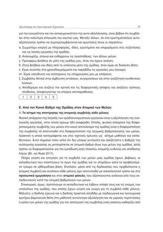 Αξιολόγηση των Ερευνητικών Εργασιών                                                      79

για την εγκυρότητα και την αντικειμενικότητα της αυτο-αξιολόγησης, είναι βέβαιο ότι συμβάλ-
λει στην καλύτερη επίγνωση του εαυτού μας. Μεταξύ άλλων, σε ένα ερωτηματολόγιο αυτο-
αξιολόγησης πρέπει να συμπεριλαμβάνονται και ερωτήσεις όπως οι παρακάτω:
α. Συμμετέχω ενεργά με πληροφορίες, ιδέες, ερωτήματα και επιχειρήματα στις συζητήσεις
   και τις λοιπές εργασίες της ομάδας;
β. Αναγνωρίζω, επαινώ και ενθαρρύνω τις προσπάθειες των άλλων μελών;
γ. Προσφέρω βοήθεια σε μέλη της ομάδας μου, όταν την έχουν ανάγκη;
δ. Ζητώ βοήθεια και ιδέες από τα υπόλοιπα μέλη της ομάδας, όταν είμαι σε δύσκολη θέση;
ε. Είμαι συνεπής στα χρονοδιαγράμματα και παραδίδω τις εργασίες μου έγκαιρα;
στ. Είμαι υπεύθυνος και εκπληρώνω τις υποχρεώσεις μου με επάρκεια;
ζ. Συμβάλλω θετικά στην άμβλυνση εντάσεων, συγκρούσεων και στην αναζήτηση συνθετικών
   λύσεων;
η. Αποδέχομαι και συζητώ την κριτική και τις διαφορετικές απόψεις και αναζητώ τρόπους
   σύνθεσης, αποφεύγοντας τις στείρες αντιπαραθέσεις;
  1     2     3     4     5


Ε. Από τον Κοινό Βαθμό της Ομάδας στον Ατομικό των Μελών
1. Το αίτημα της αποτίμησης της ατομικής συμβολής κάθε μέλους
Φυσική απόρροια της λογικής των ομαδοσυνεργατικών εργασιών είναι η αξιολόγηση της συλ-
λογικής εργασίας, στην οποία έχουμε ήδη αναφερθεί. Επίσης, φυσική απόρροια της διαφο-
ροποιημένης συμβολής των μελών στο κοινό αποτέλεσμα της ομάδας είναι η διαφοροποίηση
της συμβολής να αποτυπωθεί στη διαφοροποίηση της ατομικής βαθμολόγησης των μελών,
πρακτική η οποία καταγράφεται και στις σχετικές έρευνες ως αίτημα μαθητών και εκπαι-
δευτικών. Αυτό σημαίνει πολύ απλά ότι δεν μπορεί αυτόματα και ανεξέταστα ο βαθμός της
συλλογικής εργασίας να μετατρέπεται σε ατομικό βαθμό όλων των μελών της ομάδας, αλλά
πρέπει να διαφοροποιείται για την εμπέδωση ενός πλαισίου ατομικής ευθύνης και απόδοσης
λόγου (βλ. και Nues 2011).
  Πλήρη γνώση και εκτίμηση για τη συμβολή των μελών μιας ομάδας έχουν, βεβαίως, οι
εκπαιδευτικοί που εποπτεύουν το έργο της ομάδας και το στηρίζουν κατά το προβλεπόμε-
νο τρίωρο σε εβδομαδιαία βάση. Επιπλέον, μέσα από τις διαδικασίες που προβλέπονται η
ατομική συμβολή και συνέπεια κάθε μέλους έχει αποτυπωθεί με ικανοποιητικό τρόπο και στο
προσωπικό ημερολόγιο και στον ατομικό φάκελο, που αξιοποιούνται ανάλογα από τους εκ-
παιδευτικούς κατά την ατομική βαθμολογία των μελών.
 Επικουρικά, όμως, προτείνουμε οι εκπαιδευτικοί να λάβουν υπόψη τους και τις γνώμες των
υπολοίπων της ομάδας, που επίσης έχουν γνώση και γνώμη για τη συμβολή κάθε μέλους.
Μάλιστα, η διεθνής έρευνα και η διεθνής πρακτική αποδίδει με παιδαγωγικά και λειτουργικά
κριτήρια βαρύνουσα θέση στη μαθητική αυτο/ετερο-αξιολόγηση και σε μερικές περιπτώσεις
η κρίση των μελών της ομάδας για την αποτίμηση της συμβολής ενός εκάστου καθορίζει από
 