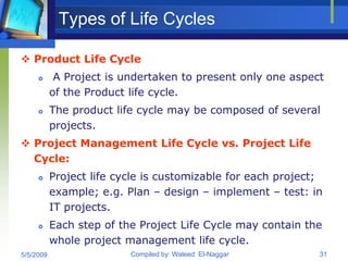 Types of Life Cycles

 Product Life Cycle
           A Project is undertaken to present only one aspect
           of the Product life cycle.
          The product life cycle may be composed of several
           projects.
 Project Management Life Cycle vs. Project Life
  Cycle:
          Project life cycle is customizable for each project;
           example; e.g. Plan – design – implement – test: in
           IT projects.
          Each step of the Project Life Cycle may contain the
           whole project management life cycle.
5/5/2009                  Compiled by: Waleed El-Naggar       31
 