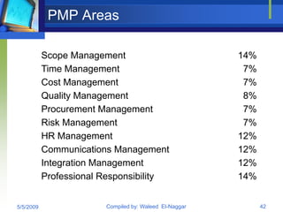 PMP Areas

           Scope Management                             14%
           Time Management                               7%
           Cost Management                               7%
           Quality Management                            8%
           Procurement Management                        7%
           Risk Management                               7%
           HR Management                                12%
           Communications Management                    12%
           Integration Management                       12%
           Professional Responsibility                  14%


5/5/2009                Compiled by: Waleed El-Naggar         42
 