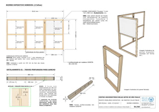 CENTRO UNIVERSITÁRIO BELAS ARTES DE SÃO PAULO
PROJETO MOBILIÁRIO EXPOSITIVO - BA CREATIVE COLLECTIBLES
SEM ESCALA - DATA: 27/10/2017 BIOMBO DOBRÁVEL
CENTRAL DE APOIO À DINÂMICA DOS ESPAÇOS E MANUTENÇÃO
R. Dr. Álvaro Alvim, 181
CEP: 04018-010 - Vila Mariana
São Paulo/SP - Tel: 5576-5711
www.belasartes.br
3010 mm
1000 mm
880 mm
710mm
1600mm
BIOMBO EXPOSITIVO DOBRÁVEL (3 folhas)
PAINEL PERFURADO “Eucatex” 3 mm
710 x 880 mm. Acabamento: cru.
OBS: este painel deverá ser fixado
com abraçadeiras de plástico
t r a n s p a r e n t e . C o n s i d e r a r 4
braçadeiras por painel (uma em
cada extremidade/canto).
Ref.: Hellermanntyton
DOBRADIÇAS METÁLICAS SIMPLES
Material: ferro polido, nominal 3.1/2 “, pino solto/leve em
aço carbono sem banho. Dim. (mm): 86x57x1,6 (6 furos).
Ref.: Merkel.
880 mm
60mm
DETALHAMENTO 01 - TRAVAS PERFURADAS PARA GANCHO
DETALHE - FURAÇÃO PARA BUCHA 6 mm O B S : 4 f u r o s c o m
distanciamento de 180 mm
entre eixos/centro do furo,
em duas das faces opostas,
conforme representação
acima, para inserção das
buchas de 6 mm (previstas
e inclusas no projeto).
* a p e n a s a s t r a v a s
i n f e r i o r e s , d a b a s e
estrutural, terão furos
em somente uma das
faces (a superior).
25 mm
10 mm
OBS: instaladas a partir de 150 mm da face das travas
superior e inferior
01/03
dobradiças da face oposta
imagem ilustrativa do
p a i n e l e x p o s t o /
montado em forma
de L
confeccionado em madeira CAIXETA
60 x 60 mm
confeccionado em madeira CAIXETA
60 x 60 mm
OBS: travas confeccionadas em
madeira CAIXETA
60 mm
880 mm
imagem ilustrativa do painel fechado
60 mm
180 mm170 mm
faces dos furos
das travas
faces dos furos
das travas
faces dos furos
das travas
faces dos furos
das travas
faces dos furos
das travas
faces dos furos
das travas
 