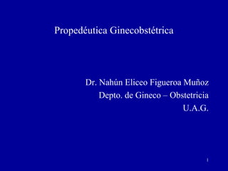 1
Propedéutica Ginecobstétrica
Dr. Nahún Eliceo Figueroa Muñoz
Depto. de Gineco – Obstetricia
U.A.G.
 