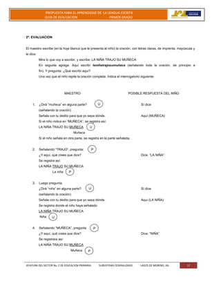JEFATURA DEL SECTOR No. 2 DE EDUCACION PRIMARIA. SUBSISTEMA FEDERALIZADO. LAGOS DE MORENO, JAL 12
PROPUESTA PARA EL APRENDIZAJE DE LA LENGUA ESCRITA
GUIA DE EVALUACION PRIMER GRADO
2ª. EVALUACION
El maestro escribe (en la hoja blanca que le presenta al niño) la oración, con letras claras, de imprenta, mayúscula y
le dice:
Mira lo que voy a escribir, y escribe: LA NIÑA TRAJO SU MUÑECA
En seguida agrega: Aquí escribí laniñatrajosumuñeca (señalando toda la oración, de principio a
fin). Y pregunta: ¿Qué escribí aquí?
Una vez que el niño repite la oración completa. Indica el interrogatorio siguiente:
MAESTRO POSIBLE RESPUESTA DEL NIÑO
1. ¿Dirá “muñeca” en alguna parte? Sí dice
(señalando la oración)
Señala con tu dedito para que yo sepa dónde. Aquí (MUÑECA)
Si el niño indica en “MUÑECA”, se registra así:
LA NIÑA TRAJO SU MUÑECA
Muñeca
Si el niño señala en otra parte, se registra en la parte señalada.
2. Señalando “TRAJO”, pregunta:
¿Y aquí, qué crees que dice? Dice: “LA NIÑA”
Se registra así:
LA NIÑA TRAJO SU MUÑECA
La niña
3. Luego pregunta:
¿Dirá “niña” en alguna parte? Sí dice
(señalando la oración)
Señala con tu dedito para que yo sepa dónde. Aquí (LA NIÑA)
Se registra donde el niño haya señalado:
LA NIÑA TRAJO SU MUÑECA
Niña
4. Señalando “MUÑECA”, pregunta
¿Y aquí, qué crees que dice? Dice: “NIÑA”
Se registrara así:
LA NIÑA TRAJO SU MUÑECA
Muñeca
U
U
P
P
P
P
U
U
 