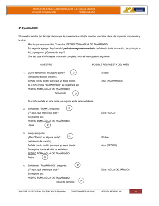 JEFATURA DEL SECTOR No. 2 DE EDUCACION PRIMARIA. SUBSISTEMA FEDERALIZADO. LAGOS DE MORENO, JAL 16
PROPUESTA PARA EL APRENDIZAJE DE LA LENGUA ESCRITA
GUIA DE EVALUACION PRIMER GRADO
4ª. EVALUACION
El maestro escribe (en la hoja blanca que le presentará al niño) la oración, con letra clara, de imprenta, mayúscula y
le dice:
Mira lo que voy a escribir. Y escribe: PEDRO TOMA AGUA DE TAMARINDO
En seguida agrega: Aquí escribí pedrotomaaguadetamarindo (señalando toda la oración, de principio a
fin), y pregunta: ¿Qué escribí aquí?
Una vez que el niño repite la oración completa, inicia el interrogatorio siguiente:
MAESTRO POSIBLE RESPUESTA DEL NIÑO
1. ¿Dirá “tamarindo” en alguna parte? Sí dice
(señalando toda la oración),
Señala con tu dedito para que yo sepa dónde Aquí (TAMARINDO)
Si el niño indica “TAMARINDO”, se registrará así:
PEDRO TOMA AGUA DE TAMARINDO
Tamarindo
Si el niño señala en otra parte, se registra en la parte señalada.
2. Señalando “TOMA”, pregunta:
¿Y aquí, qué crees que dice? Dice: “AGUA”
Se registra así:
PEDRO TOMA AGUA DE TAMARINDO
Agua
3. Luego pregunta:
¿Dirá “Pedro” en alguna parte? Sí dice
(señalando la oración).
Señala con tu dedito para que yo sepa dónde Aquí (PEDRO)
Se registra donde el niño ha señalado:
PEDRO TOMA AGUA DE TAMARINDO
Pedro
4. Señalando “TAMARINDO”, pregunta:
¿Y aquí, qué crees que dice? Dice: “AGUA DE JAMAICA”
Se registra así:
PEDRO TOMA AGUA DE TAMARINDO
Agua de Jamaica
U
U
P
P
U
U
P
P
 