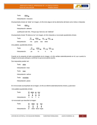JEFATURA DEL SECTOR No. 2 DE EDUCACION PRIMARIA. SUBSISTEMA FEDERALIZADO. LAGOS DE MORENO, JAL 39
PROPUESTA PARA EL APRENDIZAJE DE LA LENGUA ESCRITA
GUIA DE EVALUACION PRIMER GRADO
Texto: elote,
Interpretación: manzana
Al presentarle el texto de “elote” sin imagen, el niño toma alguno de los elementos del texto como índice e interpreta:
Texto: elote
Interpretación: elefante
Justificación del niño. -Porque aquí tiene la e de “elefante”
Al presentarle el texto “El elote es rico” sin imagen, el niño interpreta un enunciado ajustándolo al texto:
Texto: El elote es rico
Interpretación: me gusta ese elote
Una palabra, ajustándola al texto.
Texto: El elote es rico
Interpretación: pe lo ti ta
Cuando se le presenta el texto acompañado de la imagen, el niño señala sistemáticamente en él, aun cuando la
imagen le sirva para anticipar y confirmar lo que se encuentra escrito.
Sus respuestas pueden ser:
Texto: elote
Interpretación: maíz
Texto: ropa
Interpretación: señora
Texto: monedas
Interpretación: pesos
En el enunciado acompañado de la imagen, el niño se referirá sistemáticamente al texto y pude decir:
-Una palabra ajustándola al texto:
Texto: El elote es rico
Interpretación: e lo t e
-Un enunciado que describe la imagen:
Texto: El elote es rico
Interpretación: el elote tiene hojas
 