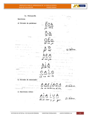 JEFATURA DEL SECTOR No. 2 DE EDUCACION PRIMARIA. SUBSISTEMA FEDERALIZADO. LAGOS DE MORENO, JAL 42
PROPUESTA PARA EL APRENDIZAJE DE LA LENGUA ESCRITA
GUIA DE EVALUACION PRIMER GRADO
 