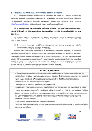 32
5. ΠΕΡΙΟΔΟΣ ΚΑΙ ΔΙΑΔΙΚΑΣΙΑ ΥΠΟΒΟΛΗΣ ΑΙΤΗΣΕΩΝ ΣΤΗΡΙΞΗΣ
α) Οι υποψήφιοι δικαιούχοι, προκειμένου να ενταχθούν στη δράση 4.2.1, υποβάλλουν προς τη
Διεύθυνση Αγροτικής Οικονομίας & Αλιείας Π.Κ.Μ., ηλεκτρονικά την αίτηση στήριξής τους, μέσω του
Πληροφοριακού Συστήματος Κρατικών Ενισχύσεων (ΠΣΚΕ) που λειτουργεί στον ιστότοπο
http://www.ependyseis.gr, καθώς επίσης και πλήρη φάκελο υποψηφιότητας.
β) Η υποβολή των ηλεκτρονικών αιτήσεων στήριξης και φακέλων υποψηφιότητας
στο ΠΣΚΕ ξεκινά την 20η Σεπτεμβρίου 2019 και λήγει την 19η Δεκεμβρίου 2019 και ώρα
11:00 π.μ.
γ) Εγχειρίδιο Οδηγιών συμπλήρωσης της Αίτησης Στήριξης θα υπάρχει σε ηλεκτρονική μορφή
στον εν λόγω ιστότοπο.
δ) Οι δυνητικοί δικαιούχοι υποβάλλουν ηλεκτρονικά την αίτηση στήριξης και φάκελο
υποψηφιότητας εντός της ανωτέρω προθεσμίας .
Εφόσον έχει ολοκληρωθεί εμπρόθεσμα η ηλεκτρονική διαδικασία υποβολής, οι δυνητικοί
δικαιούχοι προσκομίζουν στη Διεύθυνση Αγροτικής Οικονομίας & Αλιείας της περιφέρειας Κεντρικής
Μακεδονίας, φυσικό φάκελο υποψηφιότητας ο οποίος περιλαμβάνει: (α) την τεχνικοοικονομική
μελέτη, (β) τα δικαιολογητικά συμμετοχής, (γ) υπογεγραμμένο αποδεικτικό κατάθεσης της παραπάνω
αίτησης στήριξης, όπως παράγεται και εκτυπώνεται μέσω ΠΣΚΕ, εντός δεκαπέντε (15) ημερολογιακών
ημερών από την ως άνω καταληκτική ημερομηνία ηλεκτρονικής υποβολής.
ΣΤΟΙΧΕΙΑ ΕΠΙΧΕΙΡΗΣΗΣ
1
Αντίγραφο τελευταίου κωδικοποιημένου καταστατικού επιχείρησης ή αντίγραφο καταστατικού και των
τροποποιήσεων αυτού για τους δικαιούχους με μορφή εταιρείας. Στις περιπτώσεις δικαιούχων των οποίων η
νομική μορφή είναι Ε.Π.Ε. ή Α.Ε. προσκομίζεται υποχρεωτικά το ΦΕΚ δημοσίευσης του αρχικού
καταστατικού και της τελευταίας τροποποίησής του.
Για επιτηδευματίες απαιτείται η έναρξη στην αρμόδια Δ.Ο.Υ..
2
Πιστοποιητικό Γ.Ε.ΜΗ. με αναφορά στη μετοχική σύνθεση του κεφαλαίου για τους δικαιούχους με μορφή
εταιρείας ή στην περίπτωση που δεν είναι δυνατή η έκδοσή του από το Γ.Ε.ΜΗ. θα προσκομίζεται Υπεύθυνη
Δήλωση του Νόμιμου εκπρόσωπου της εταιρείας σχετικά με τη μετοχική της σύνθεση. Για τις εταιρείες που
δεν έχουν εγγραφεί στο Γ.Ε.ΜΗ. ζητείται Πρακτικό Γενικής Συνέλευσης Μετόχων με την ισχύουσα
κατάσταση όλων των μετόχων
Τα ίδια ισχύουν και στις περιπτώσεις εισηγμένων εταιρειών.
Για τις Συνεταιριστικές Οργανώσεις ζητείται αντίγραφο του Βιβλίου Μητρώου Μελών, με Υπεύθυνη Δήλωση
πιστότητας αντιγράφου.
ΑΔΑ: 6Δ5Χ7ΛΛ-3Ξ6
 