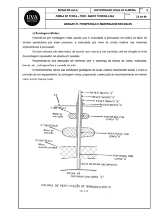 NOTAS DE AULA UNIVERSIDADE VEIGA DE ALMEIDA
REV.
0
OBRAS DE TERRA – PROF. ANDRÉ PEREIRA LIMA
FOLHA:
33 de 40
UNIDADE 01. PROSPECÇÃO E AMOSTRAGEM DOS SOLOS
c) Sondagens Mistas:
Entende-se por sondagem mista aquela que é executada à percussão em todos os tipos de
terreno penetráveis por esse processo, e executada por meio de sonda rotativa nos materiais
impenetráveis à percussão.
Os dois métodos são alternados, de acordo com natureza das camadas, até ser atingido o limite
da sondagem necessário do estudo em questão.
Recomenda-se sua execução em terrenos com a presença de blocos de rocha, matacões,
lascas, etc., sobrejacentes a camada de solo.
O conhecimento prévio das condições geológicas do local, poderá recomendar desde o início a
provisão de um equipamento de sondagem mista, propiciando a execução do reconhecimento em menor
prazo e com menos custo.
 