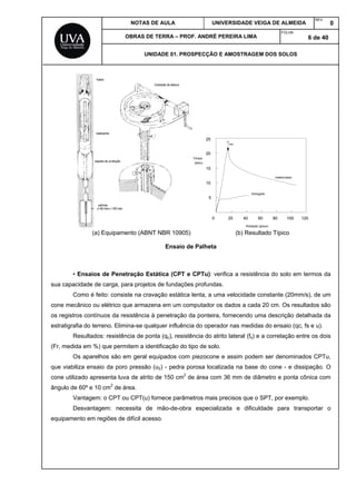 NOTAS DE AULA UNIVERSIDADE VEIGA DE ALMEIDA
REV.
0
OBRAS DE TERRA – PROF. ANDRÉ PEREIRA LIMA
FOLHA:
6 de 40
UNIDADE 01. PROSPECÇÃO E AMOSTRAGEM DOS SOLOS
0 20 40 60 80 100 120
Amolgado
Indeformado
Tmax
Rotatção (graus)
Torque
5
10
15
20
25
(kNm)
(a) Equipamento (ABNT NBR 10905) (b) Resultado Típico
Ensaio de Palheta
• Ensaios de Penetração Estática (CPT e CPTu): verifica a resistência do solo em termos da
sua capacidade de carga, para projetos de fundações profundas.
Como é feito: consiste na cravação estática lenta, a uma velocidade constante (20mm/s), de um
cone mecânico ou elétrico que armazena em um computador os dados a cada 20 cm. Os resultados são
os registros contínuos da resistência à penetração da ponteira, fornecendo uma descrição detalhada da
estratigrafia do terreno. Elimina-se qualquer influência do operador nas medidas do ensaio (qc, fs e u).
Resultados: resistência de ponta (qc), resistência do atrito lateral (fs) e a correlação entre os dois
(Fr, medida em %) que permitem a identificação do tipo de solo.
Os aparelhos são em geral equipados com piezocone e assim podem ser denominados CPTu,
que viabiliza ensaio da poro pressão (u2) - pedra porosa localizada na base do cone - e dissipação. O
cone utilizado apresenta luva de atrito de 150 cm2
de área com 36 mm de diâmetro e ponta cônica com
ângulo de 60º e 10 cm2
de área.
Vantagem: o CPT ou CPT(u) fornece parâmetros mais precisos que o SPT, por exemplo.
Desvantagem: necessita de mão-de-obra especializada e dificuldade para transportar o
equipamento em regiões de difícil acesso.
 
