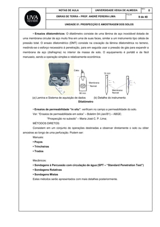 NOTAS DE AULA UNIVERSIDADE VEIGA DE ALMEIDA
REV.
0
OBRAS DE TERRA – PROF. ANDRÉ PEREIRA LIMA
FOLHA:
9 de 40
UNIDADE 01. PROSPECÇÃO E AMOSTRAGEM DOS SOLOS
• Ensaios dilatométricos: O dilatômetro consiste de uma lâmina de aço inoxidável dotada de
uma membrana circular de aço muito fina em uma de suas faces, similar a um instrumento tipo célula de
pressão total. O ensaio dilatométrico (DMT) consiste na cravação da lâmina dilatométrica no terreno,
medindo-se o esforço necessário à penetração, para em seguida usar a pressão de gás para expandir a
membrana de aço (diafragma) no interior da massa de solo. O equipamento é portátil e de fácil
manuseio, sendo a operação simples e relativamente econômica.
P
o P
1
Membrana
flexível
14 mm
Cabo
Membrana
flexível
95 mm
(a) Lamina e Sistema de aquisição de dados (b) Detalhe do instrumento
Dilatômetro
• Ensaios de permeabilidade “in situ”: verificam no campo a permeabilidade do solo.
Ver: “Ensaios de permeabilidade em solos” – Boletim 04 (Jan/81) – ABGE;
“Prospecção no subsolo” – Maria José C. P. Lima;
MÉTODOS DIRETOS:
Consistem em um conjunto de operações destinadas a observar diretamente o solo ou obter
amostras ao longo de uma perfuração. Podem ser:
Manuais:
• Poços
• Trincheiras
• Trados
Mecânicos:
• Sondagens à Percussão com circulação de água (SPT – “Standard Penetration Test”)
• Sondagens Rotativas
• Sondagens Mistas
Estes métodos serão apresentados com mais detalhes posteriormente.
 