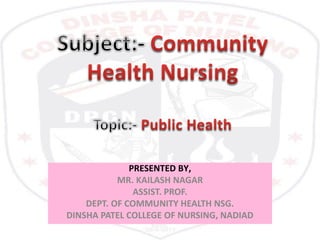 PRESENTED BY,
MR. KAILASH NAGAR
ASSIST. PROF.
DEPT. OF COMMUNITY HEALTH NSG.
DINSHA PATEL COLLEGE OF NURSING, NADIAD
 