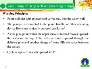 54
Working Principle:
• Pump cylinder with plunger and valves stay into the water well
• The plunger is connected to the pump handle, or other operating
device like a mechanically powered crank shaft
• As the plunger in which the upper valve is located moves upward,
the water on the top of the valve is forced upward through the
delivery pipe and another charge of water fills the space between
the valves.
• Cycle is repeated in each upward stroke
Force Pump or Deep well reciprocating pumps.
 