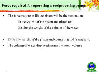 59
• The force require to lift the piston will be the summation
(i) the weight of the piston and piston rod
(ii) plus the weight of the column of the water
• Generally weight of the piston and connecting rod is neglected
• The column of water displaced means the swept volume
Force required for operating a reciprocating pump:
 