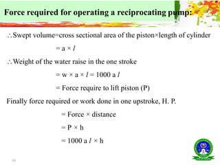 61
Swept volume=cross sectional area of the piston×length of cylinder
= a × l
Weight of the water raise in the one stroke
= w × a × l = 1000 a l
= Force require to lift piston (P)
Finally force required or work done in one upstroke, H. P.
= Force × distance
= P × h
= 1000 a l × h
Force required for operating a reciprocating pump:
 