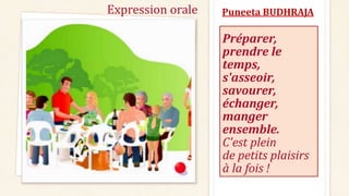 Puneeta BUDHRAJA
Préparer,
prendre le
temps,
s'asseoir,
savourer,
échanger,
manger
ensemble.
C'est plein
de petits plaisirs
à la fois !
Expression orale
 