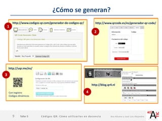 Taller 5 Códigos QR: Cómo utilizarlos en docencia Ana Allueva y José Luis Alejandre
¿Cómo se generan?
9
http://www.codigos-qr.com/generador-de-codigos-qr/ http://www.qrcode.es/es/generador-qr-code/
http://uqr.me/es/
Con registro
Códigos dinámicos
http://blog.qr4.nl
1
2
3
4
 