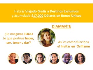 Habrás Viajado Gratis a Destinos Exclusivos
     y acumulado $17,000 Dólares en Bonos Únicos

                              DIAMANTE
 ¿Te imaginas TODO
lo que podrías hacer,
   ser, tener y dar?              Así es como funciona
                                  el Invitar en Oriflame
 
