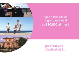 ¿Qué harías con un
  Ingreso Adicional
de $10,000 al mes?




 ¿QUÉ SUEÑOS
  CUMPLIRÍAS?...
 