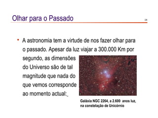 Olhar para o Passado                                                2/8




    A astronomia tem a virtude de nos fazer olhar para
     o passado. Apesar da luz viajar a 300.000 Km por
     segundo, as dimensões
     do Universo são de tal
     magnitude que nada do
     que vemos corresponde
     ao momento actual:
                              Galáxia NGC 2264, a 2.600 anos luz,
                              na constelação de Unicórnio
 