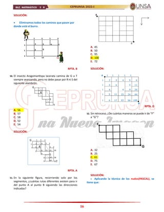 16
SOLUCIÓN:
 Eliminamos todos los caminos que pasen por
donde está el burro.
RPTA. B
50. El insecto Aragomantispa lacerata camina de G a T
siempre avanzando, pero no debe pasar por R ni S del
siguiente alambrón.
A. 56
B. 57
C. 58
D. 52
E. 54
SOLUCIÓN:
RPTA. A
51. En la siguiente figura, recorriendo solo por los
segmentos, ¿cuántas rutas diferentes existen para ir
del punto A al punto B siguiendo las direcciones
indicadas?
A. 45
B. 50
C. 95
D. 100
E. 72
SOLUCIÓN:
RPTA. D
52. Sin retroceso, ¿De cuántas maneras se puede ir de “F”
a “G”?
A. 32
B. 25
C. 61
D. 75
E. 67
SOLUCIÓN:
 Aplicando la técnica de los nudos(PASCAL), se
tiene que:
 